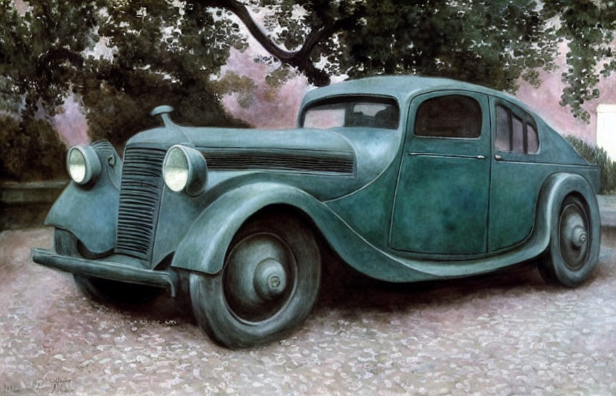 Vintage Blue Car with Distinctive Front Grill in Serene Greenery Setting