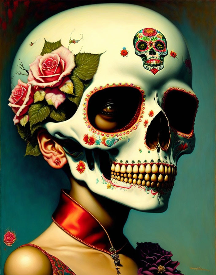 Colorful skull face painting with roses and small skull, Dia de los Muertos style