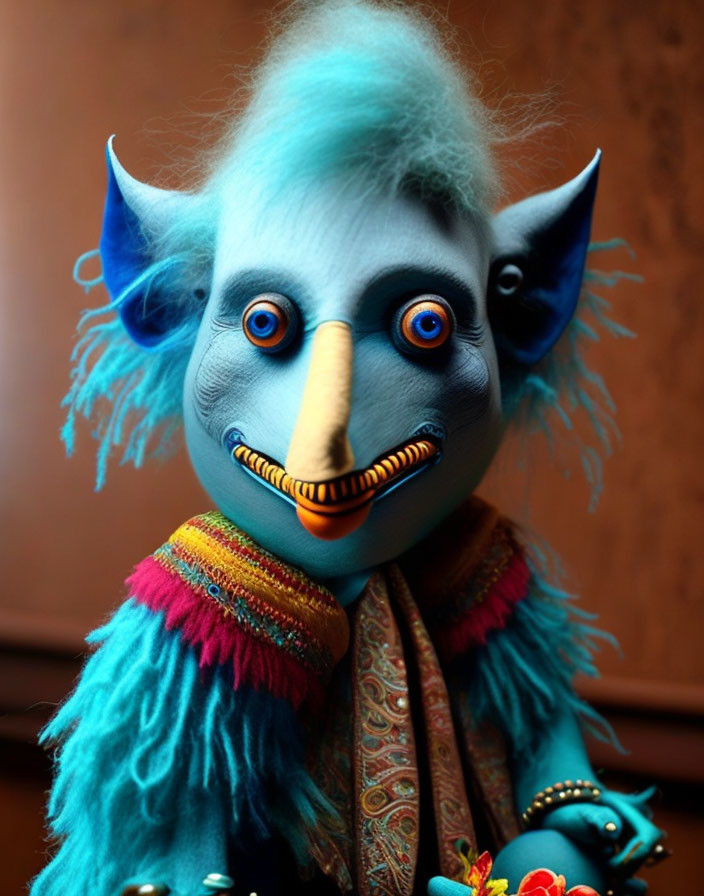 Blue fantasy creature with pointed ears, orange nose, bright eyes, colorful clothing, and patterned scarf