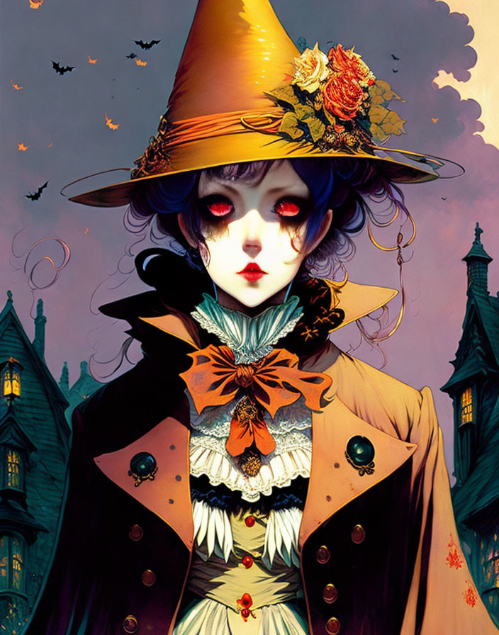 Illustrated gothic girl with red eyes, witch's hat, and eerie background.