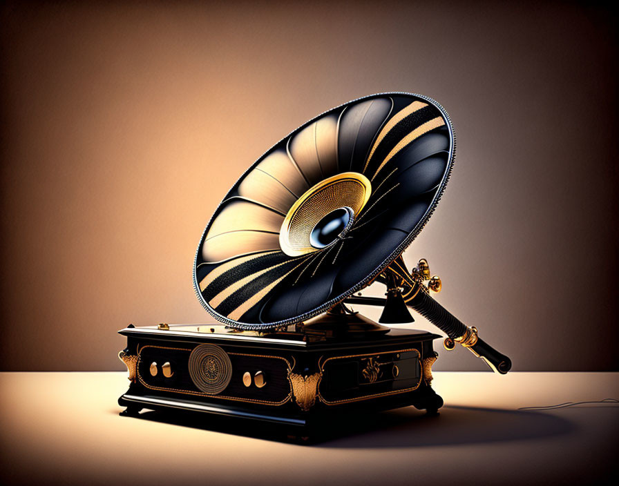 Vintage Gramophone with Brass Horn on Beige Background