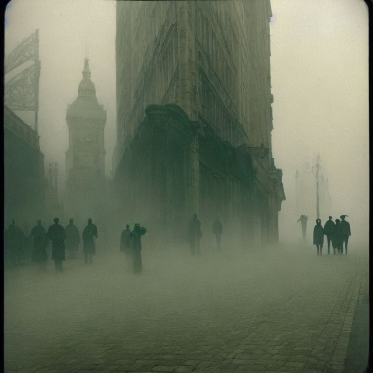 Historical European city street in fog with silhouettes.