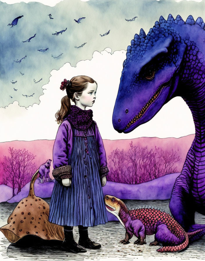 Young girl in purple coat with blue and pink dinosaurs in surreal landscape