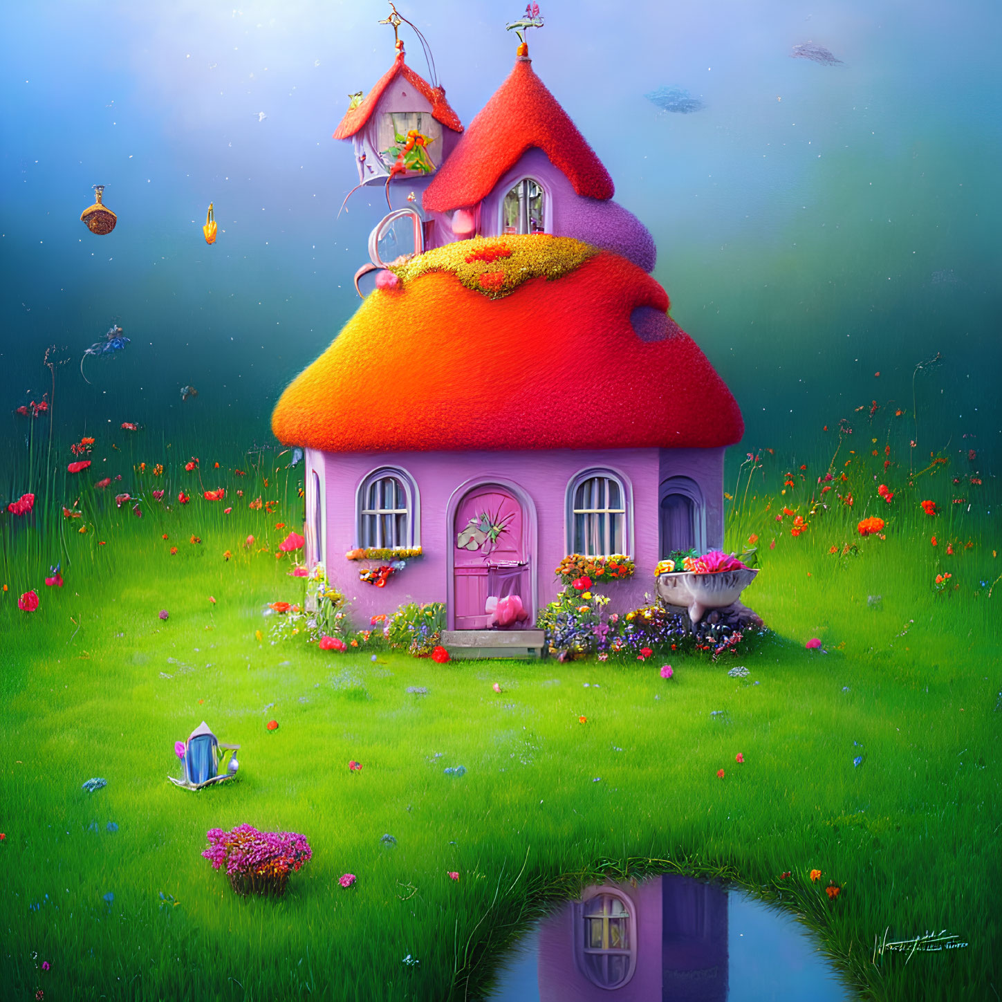 Whimsical pink mushroom house in lush garden landscape