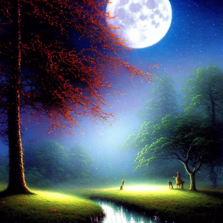 Full Moon Night Scene with Stream, Person, Dog, Trees, and Starry Sky