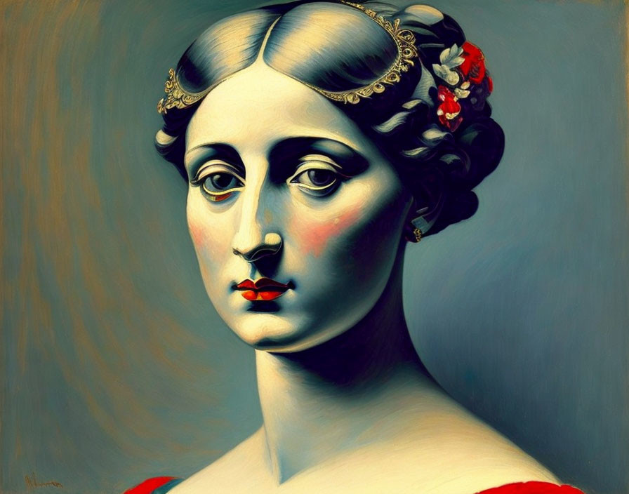 Classical woman portrait with tiara and red flowers