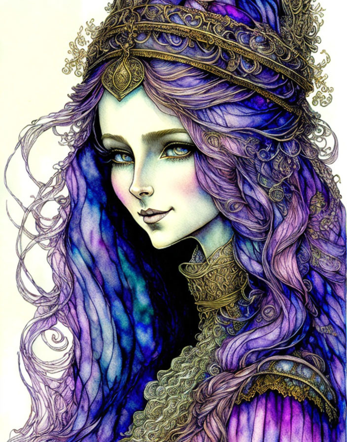 Detailed Illustration: Woman with Purple Hair, Gold Headpiece, & Ornate Collar