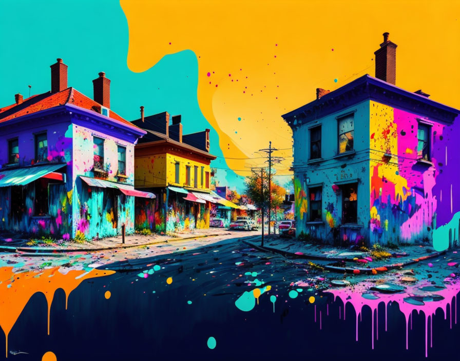 Colorful street scene with vibrant houses and surreal sky