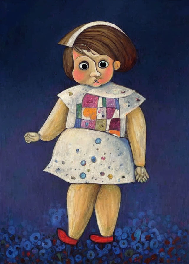 Stylized girl with large eyes in patchwork dress among blue flowers