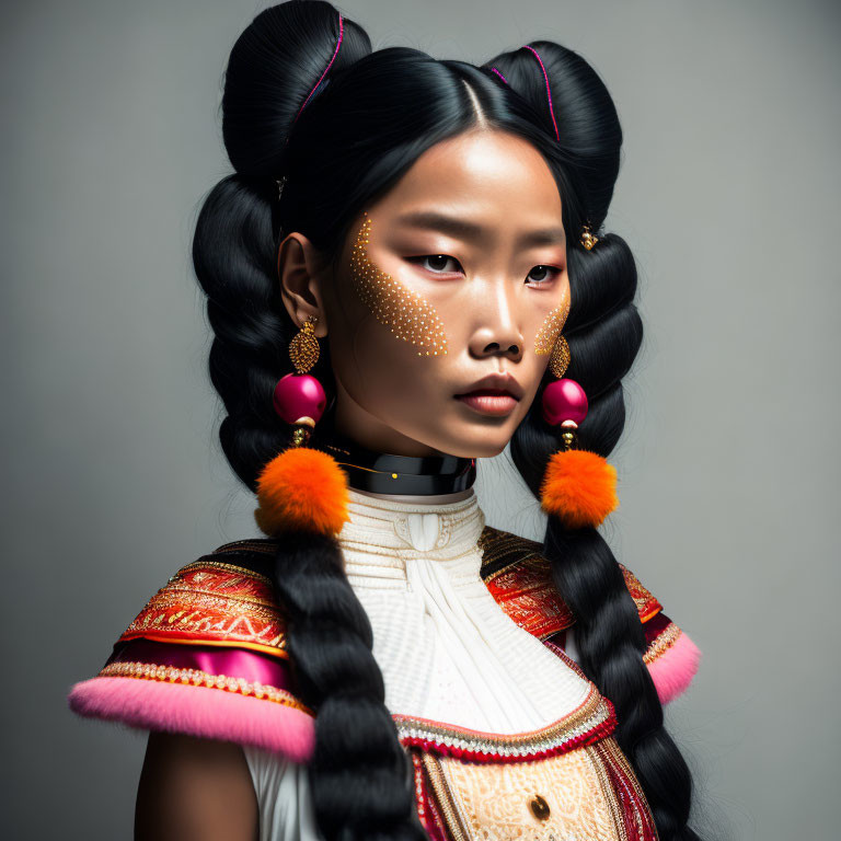Elaborate Braided Hair with Gold Facial Gems and Statement Earrings