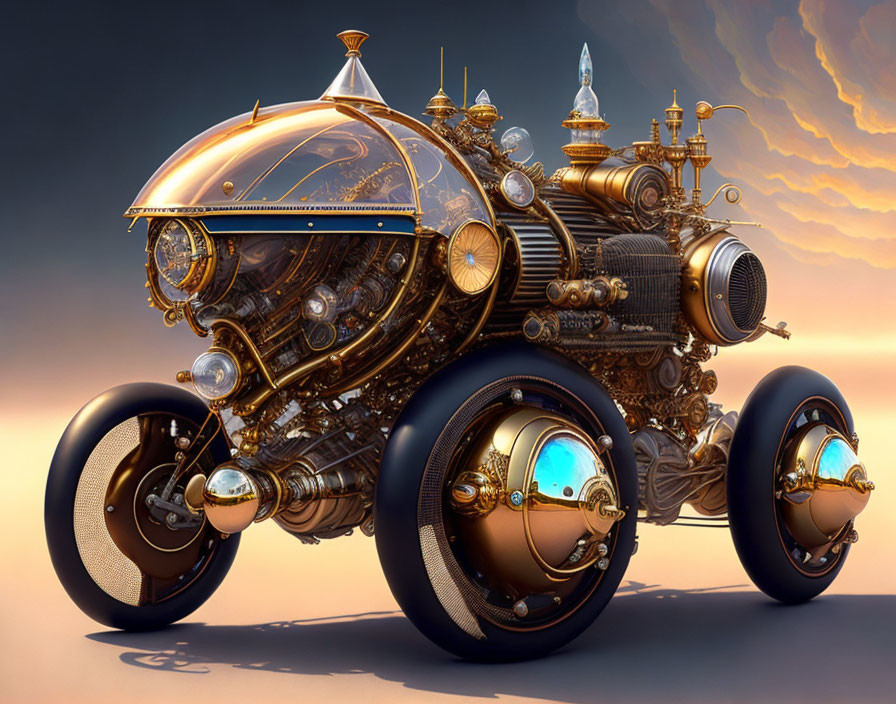 Futuristic steampunk-style vehicle with large wheels and brass details