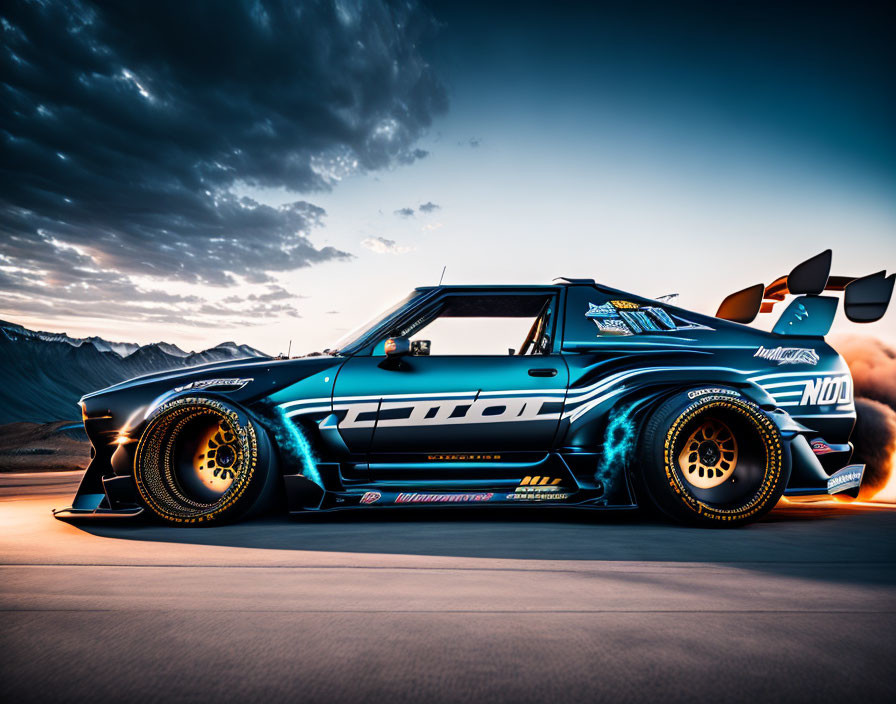 Wide-body racecar with large rear wing under dramatic dusk sky