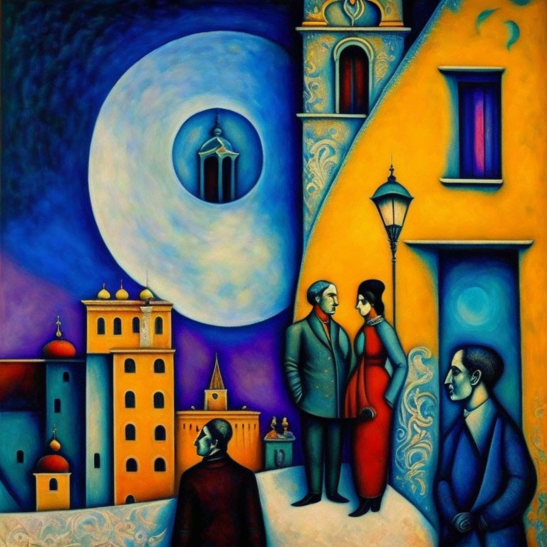 Colorful surreal painting: couple under large moon, solitary figure, whimsical elements