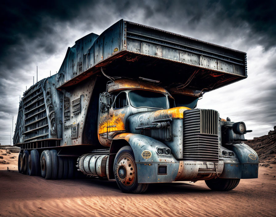 Weathered truck with multiple wheels in apocalyptic landscape