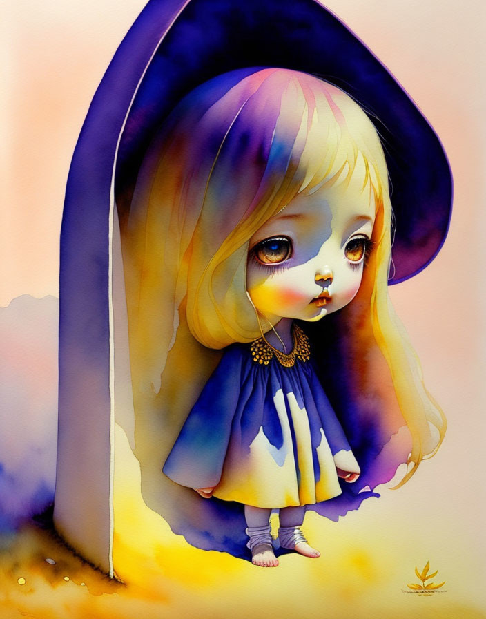 Blonde doll-like figure in blue dress and hat by warm gradient wall