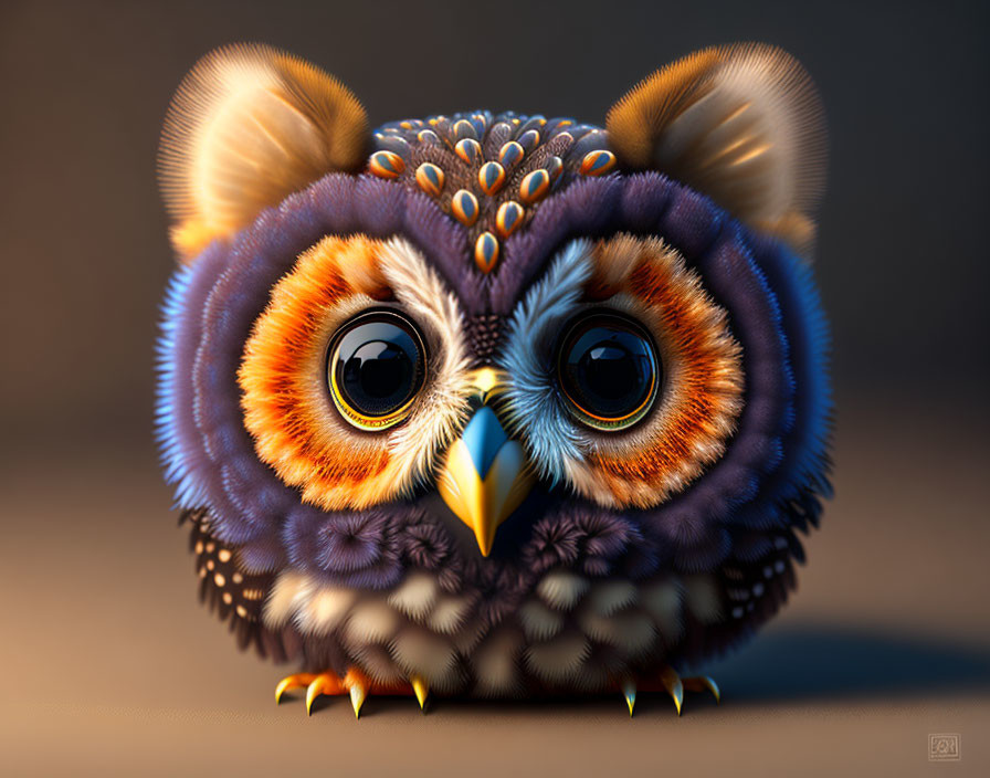 Colorful Cartoon Owl with Large Eyes and Intricate Plumage