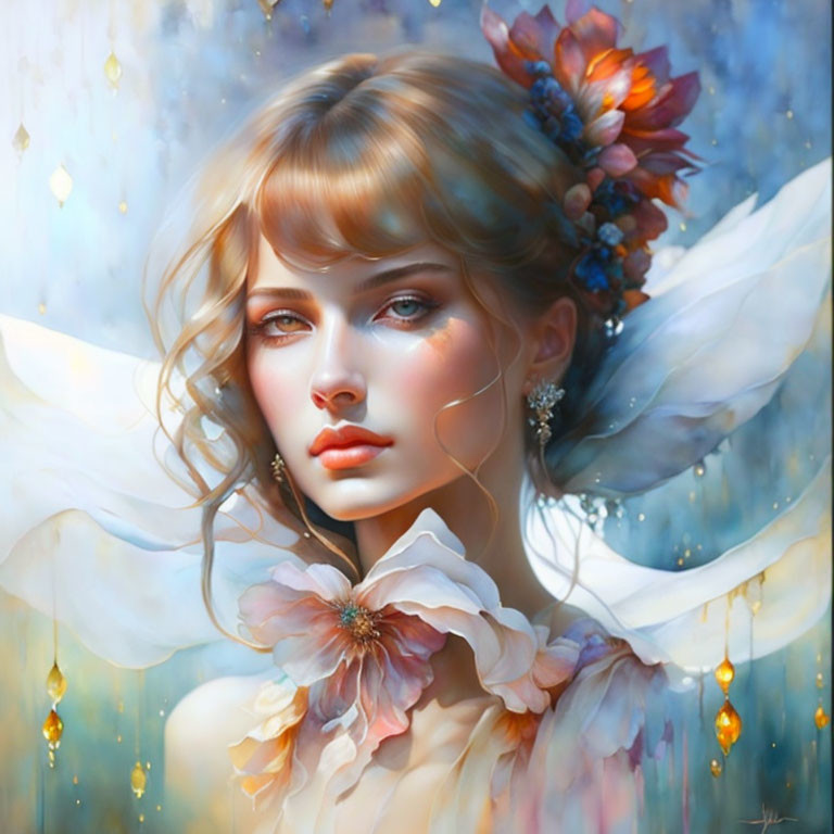 Fantasy female portrait with blonde hair, blue eyes, floral adornments, and translucent wings