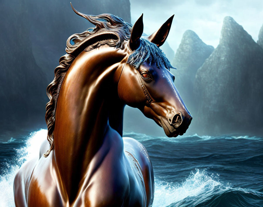 Majestic brown horse with blue mane against ocean waves and cliffs