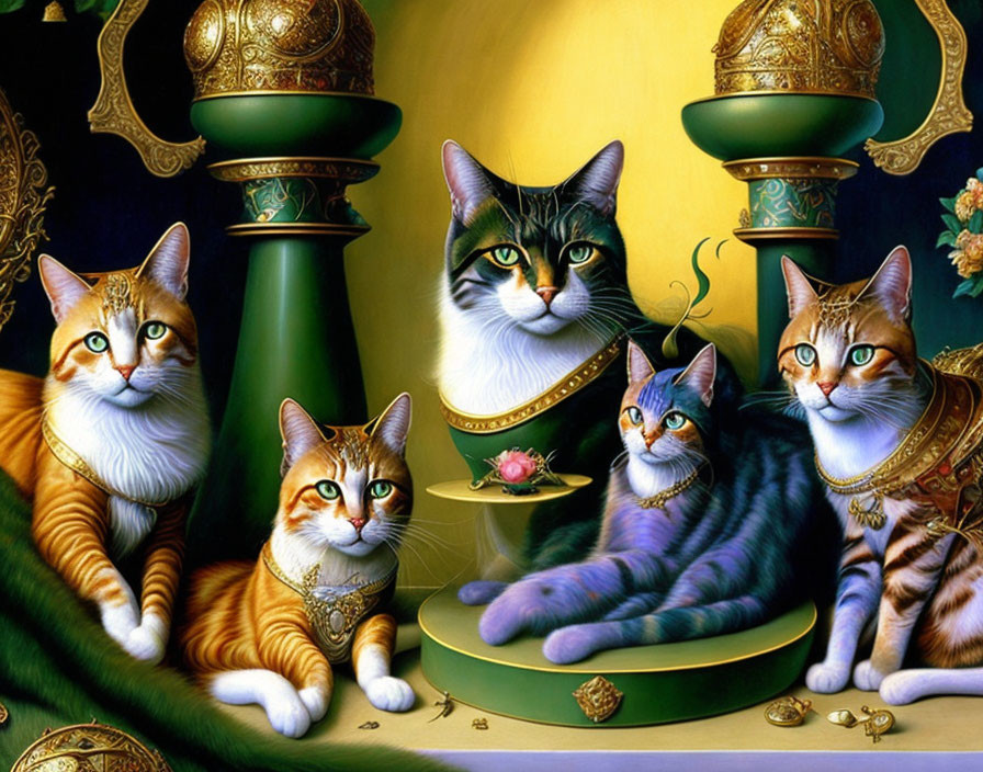 Four regally adorned cats with intricate jewelry in opulent setting