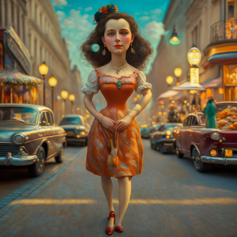 Stylized woman with voluminous hair on vintage street with classic cars and old-fashioned shops