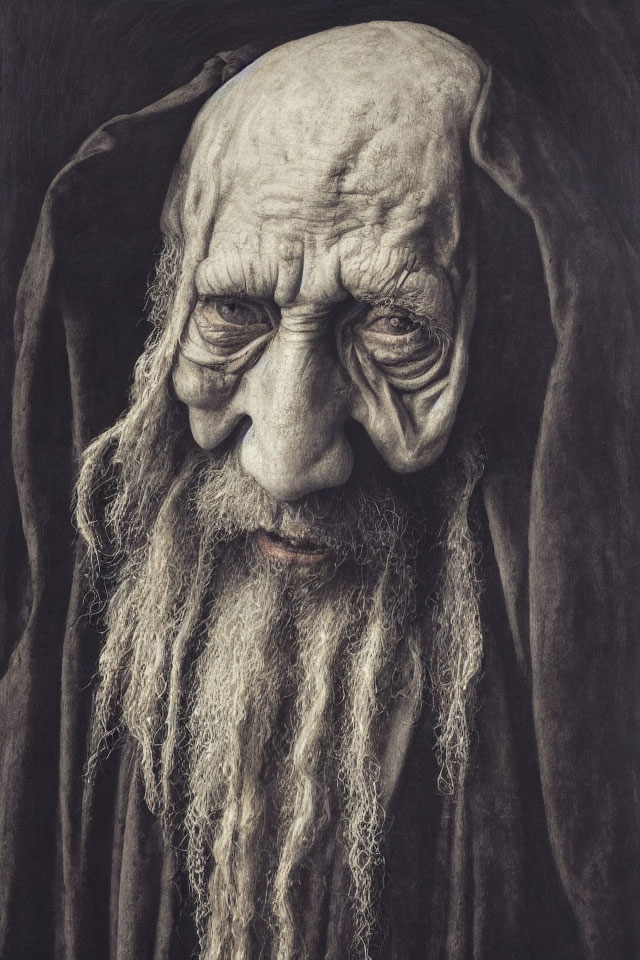 Detailed Artwork: Elderly Character with Deep-set Eyes, Wrinkles, and Long Beard in