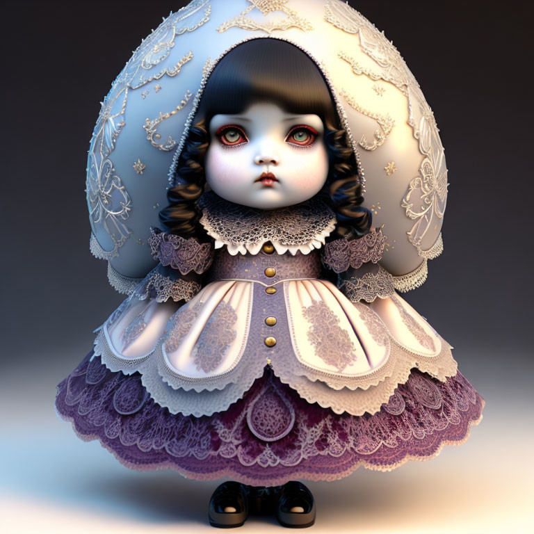 Stylized 3D Doll Illustration in Frilly Purple Dress