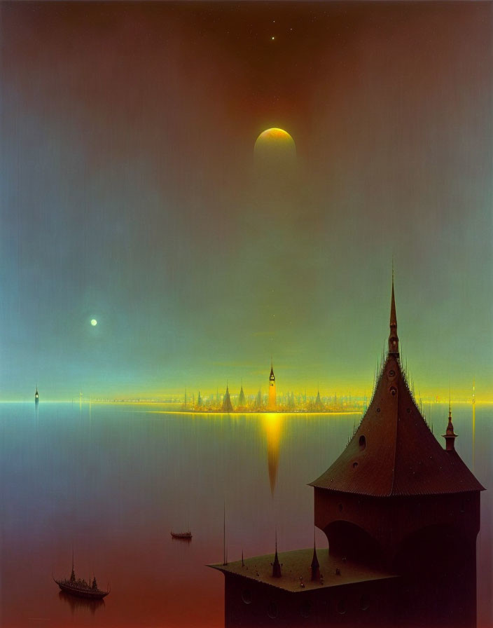 Surreal dusk landscape with large moon, calm sea, spire-topped buildings, and floating