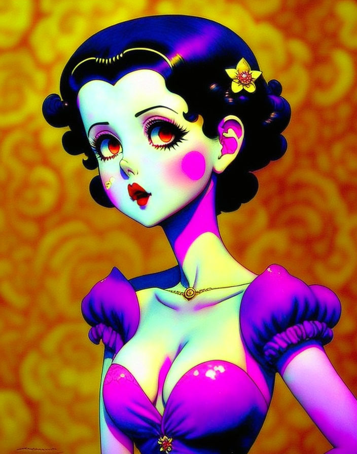 Stylized cartoonish woman with large eyes and short black hair in purple dress on gold background