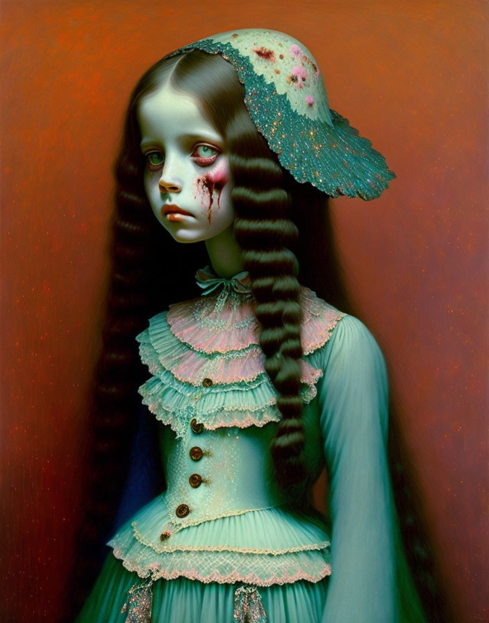 Portrait of girl with pale skin, dark braided hair, teal vintage dress, and melancholic expression