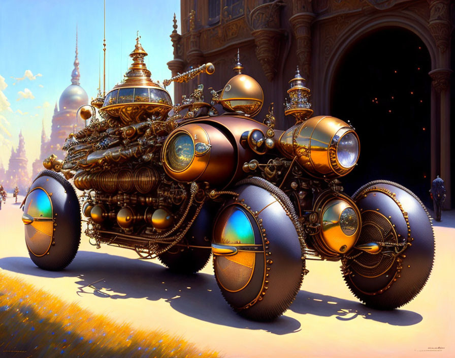 Steampunk vehicle with brass detailing in front of fantastical city.