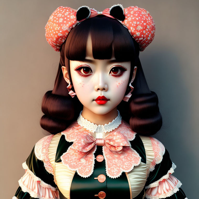 Female character with large eyes, twin buns, red bows, and ruffled collar dress.