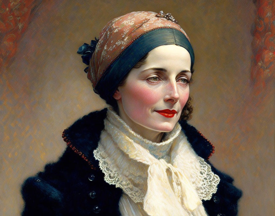 Classic Portrait of Woman in Blue Headscarf and Fur Coat