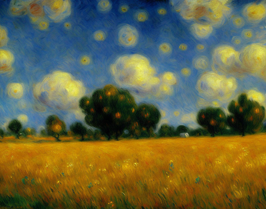 Colorful swirling starry sky over yellow field with dark trees