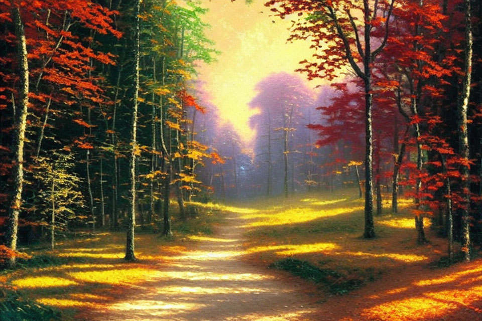 Tranquil autumn forest pathway with glowing light