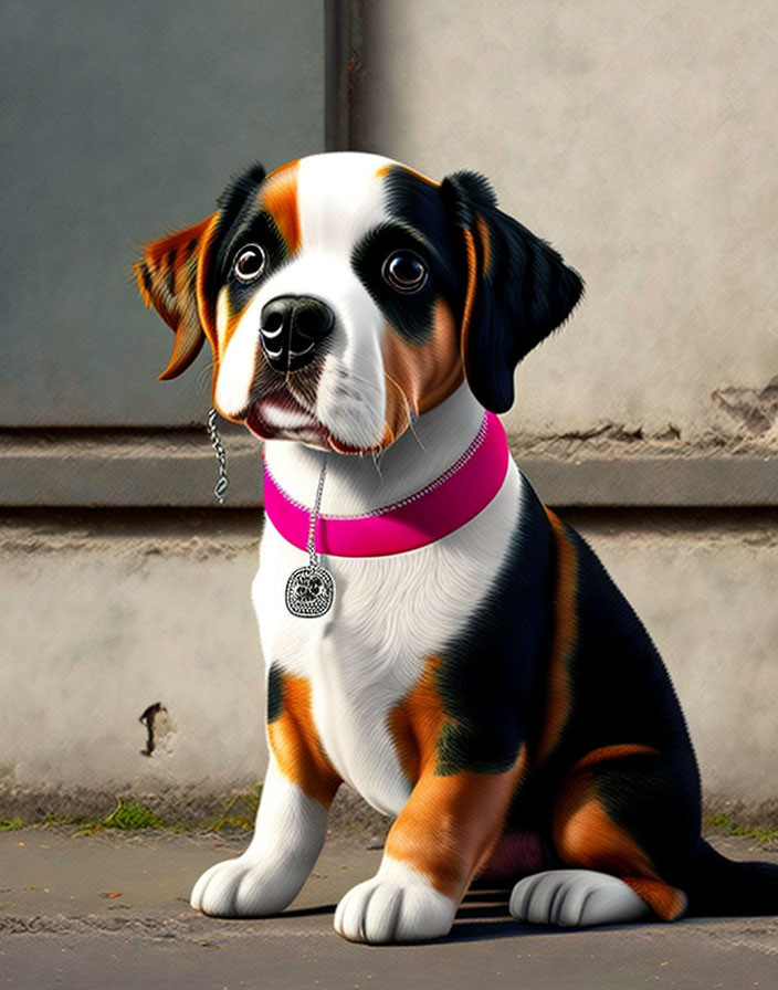 Tricolor puppy with pink collar beside wall