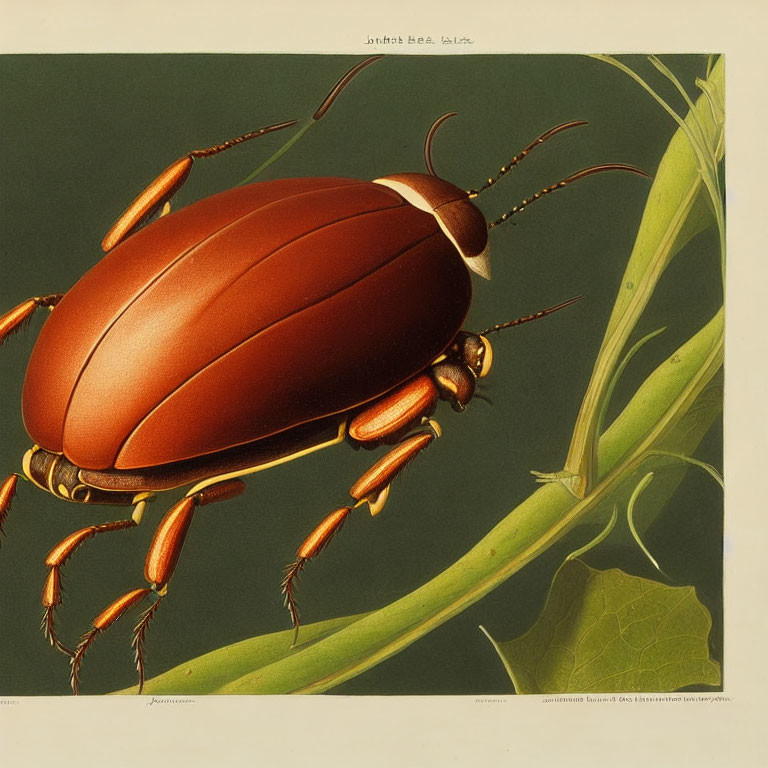 Large Reddish-Brown Beetle on Green Plant Stem Against Yellow Background