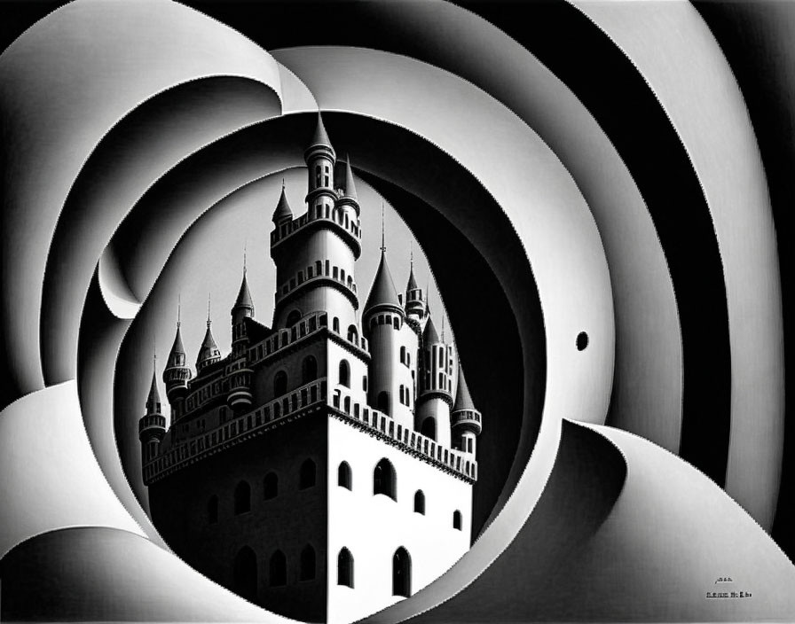 Monochrome Escher-style castle illustration with spiraling optical illusions