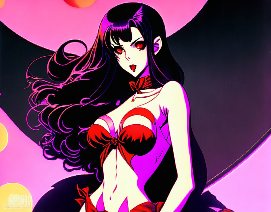 Anime-style Illustration of Woman with Long Black Hair and Red Bow Accents