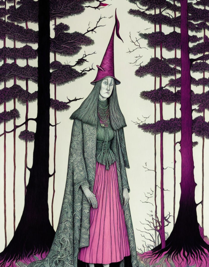 Woman in pink dress and pointed hat in mystical forest with purple trees.