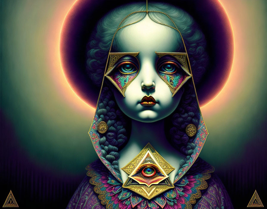 Surreal portrait of melancholic girl with oversized eyes and ornate jewelry against eclipse-like halo