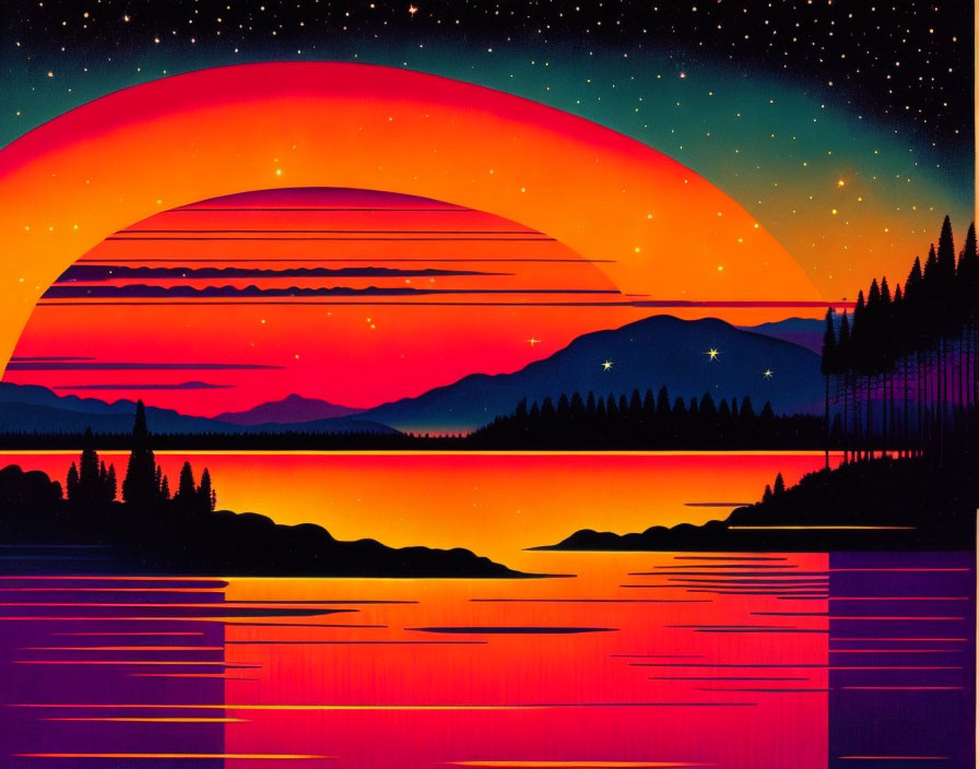 Digital artwork: Vibrant sunset with red sun, mountain range, water reflection, starry sky