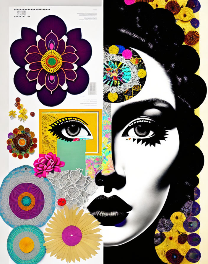 Vibrant Collage of Stylized Woman's Face with Dramatic Makeup