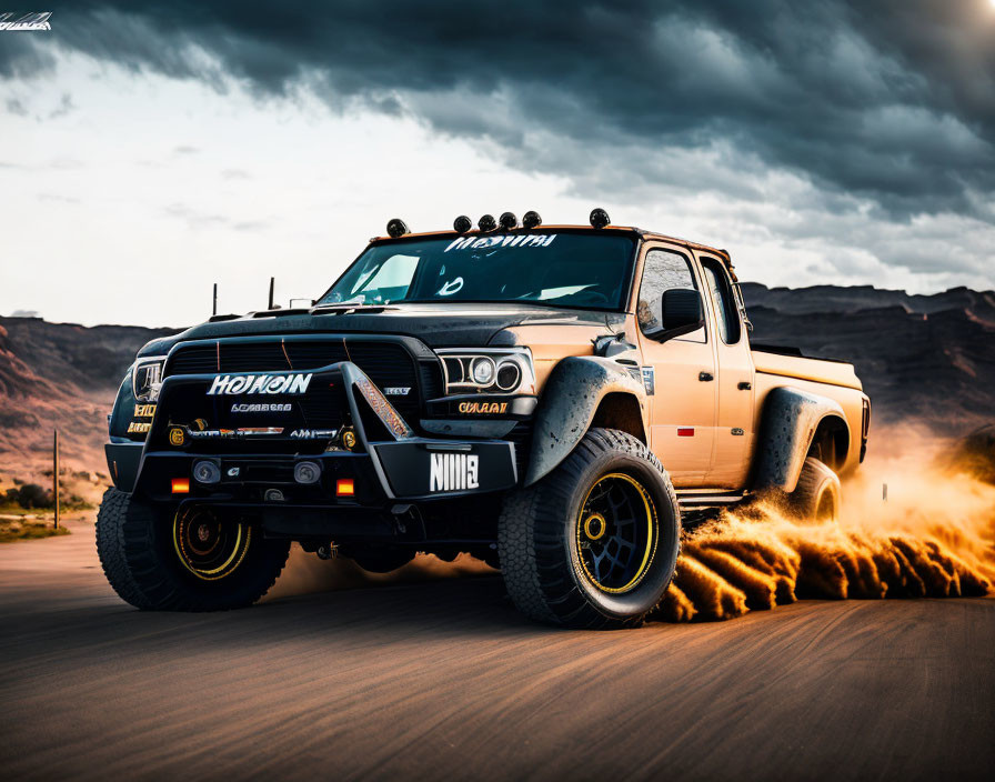 Modified pickup truck with off-road features speeding in desert landscape under dramatic sky