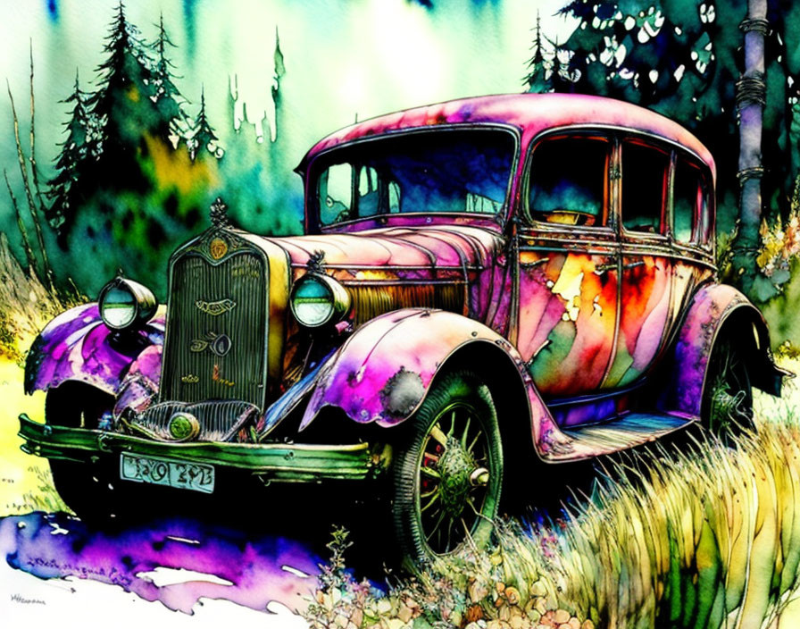 Vibrant Vintage Car Illustration in Forest with Purple and Green Hues