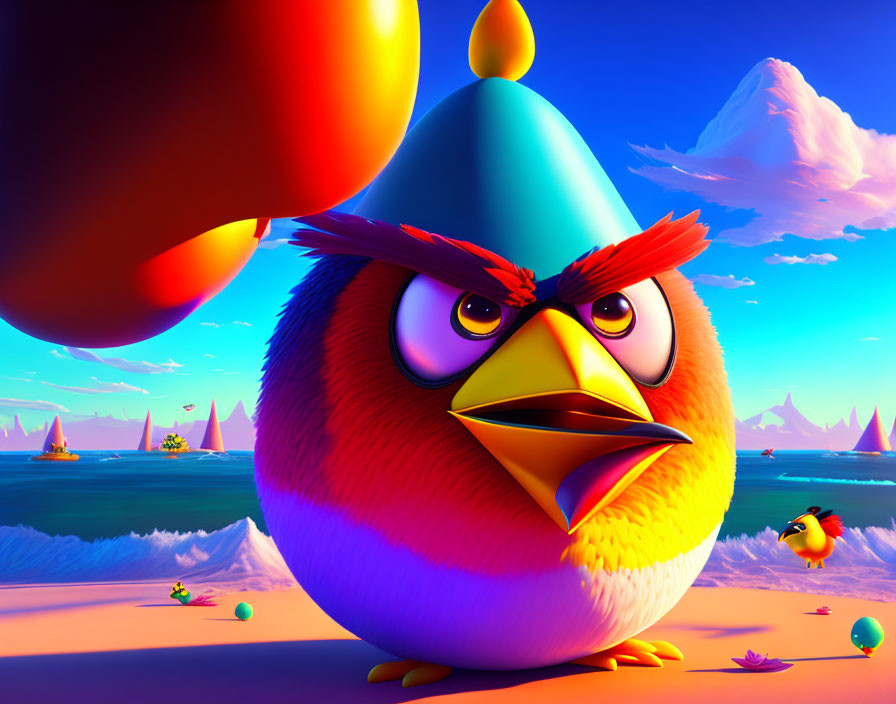 Angry bird with red body, yellow beak, and blue head on beach at sunset