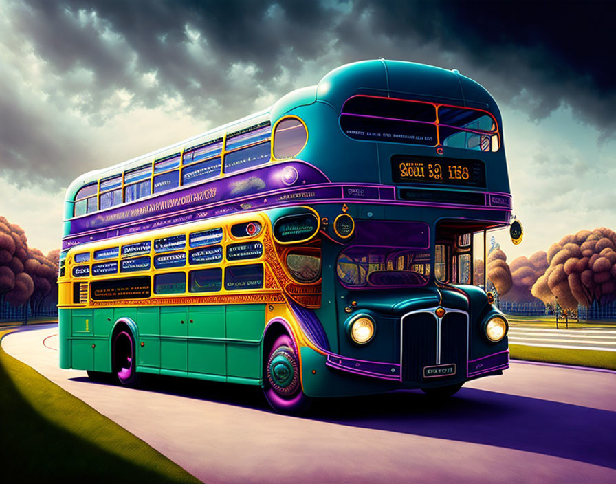 Colorful Double-Decker Bus on Curved Road with Whimsical Design