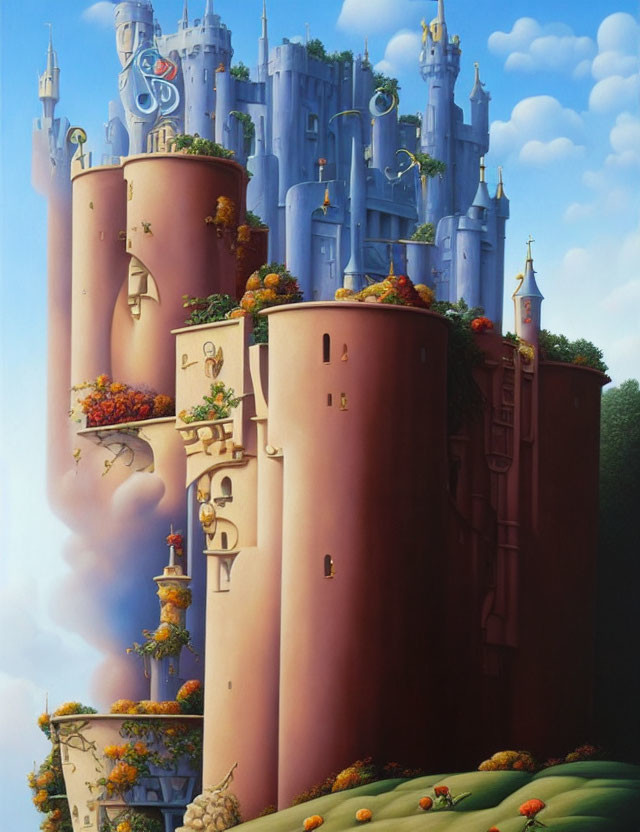 Surreal vertical castle with turrets and floating gardens on blue sky