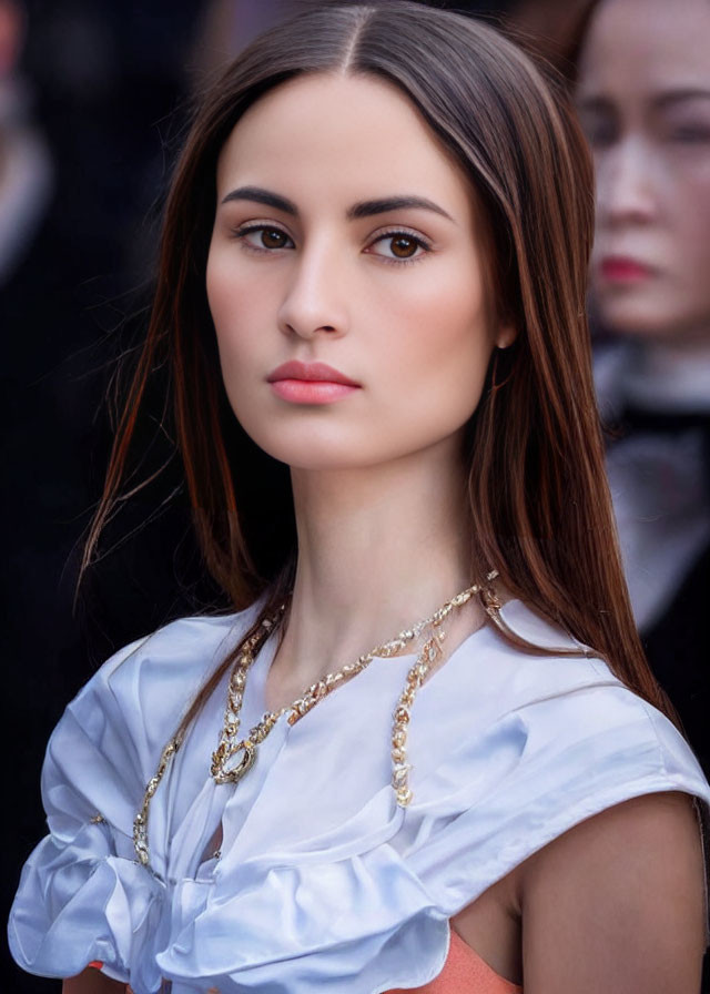 Young woman with long brown hair in ruffled top and gold necklace