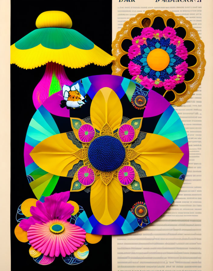 Colorful symmetrical flower designs with character against beige background.