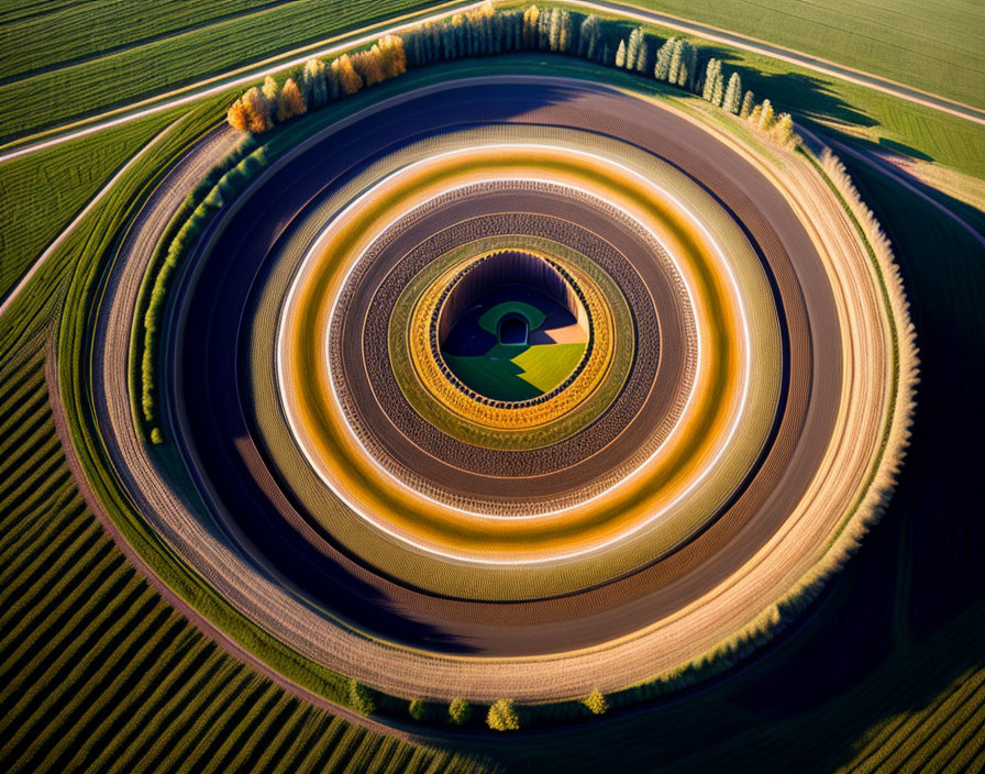 Concentric Circular Fields with Varying Crops and Farm Building in Aerial View